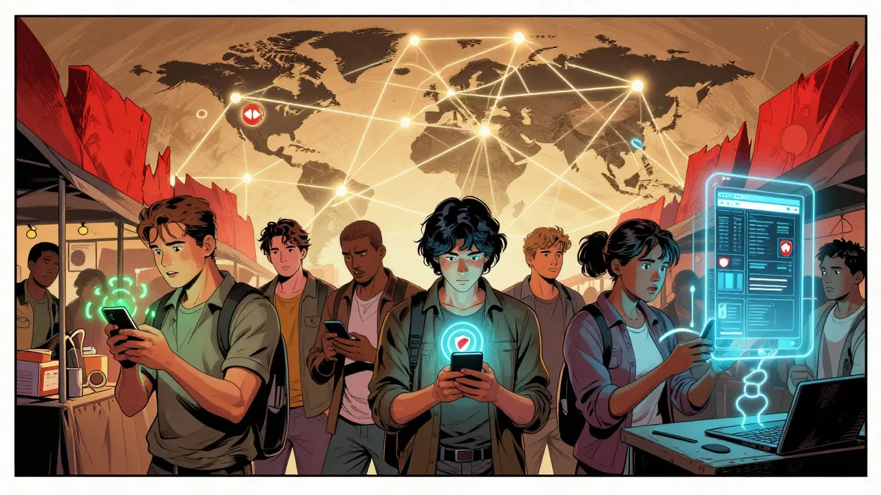 Global users connected by a glowing mesh network bypassing censorship barriers