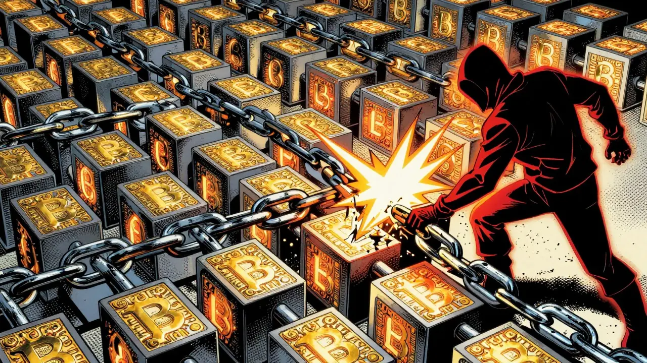 Hacker attacks unbreakable blockchain chain in superhero art style