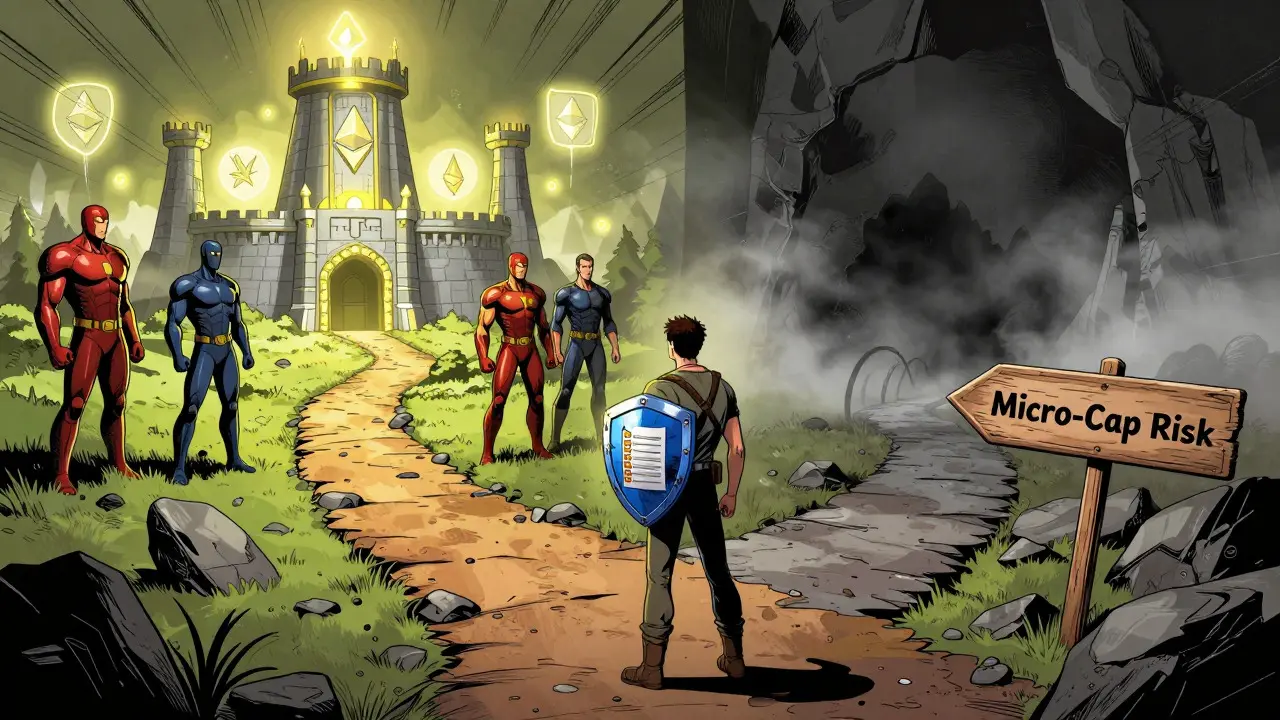 Hero choosing between safe crypto paths and risky micro-cap abyss