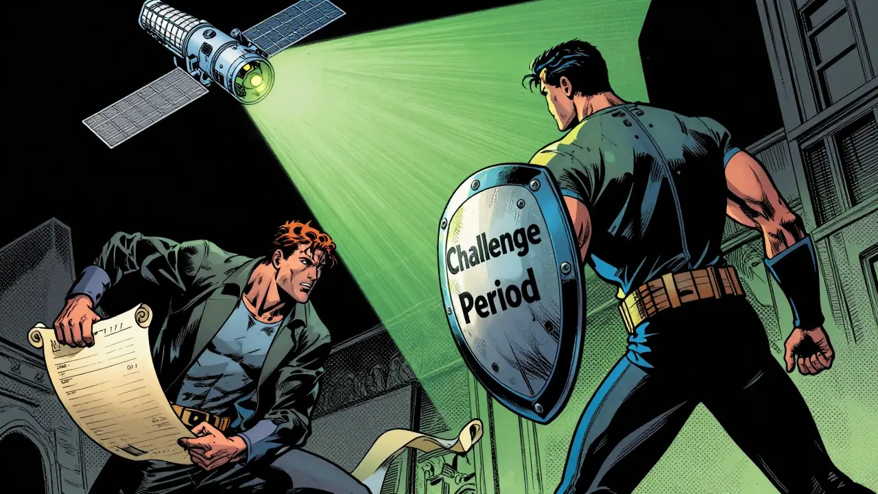 Hero defending against fraud with a shield while a watchtower scans above.
