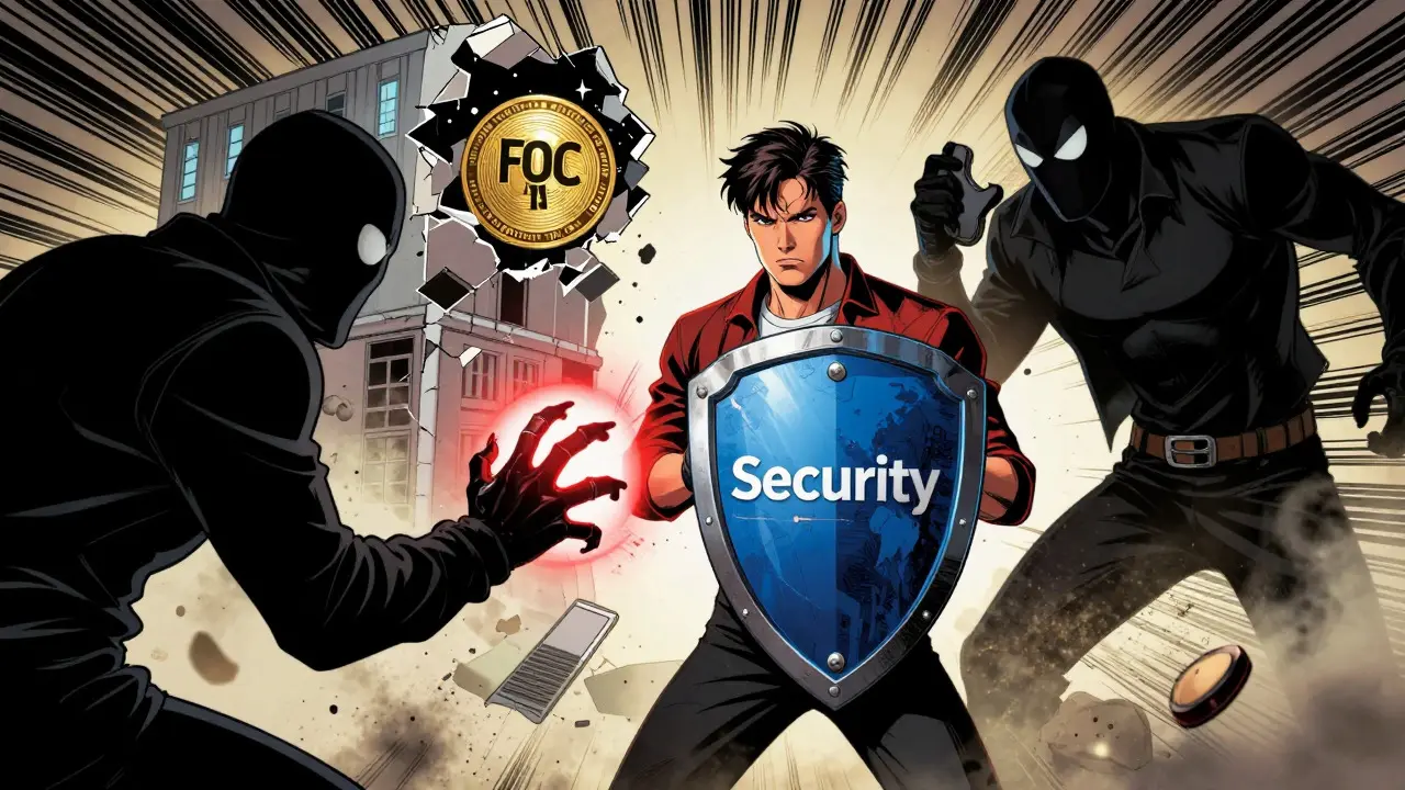 Hero shielding wallet from scammer's phishing attack