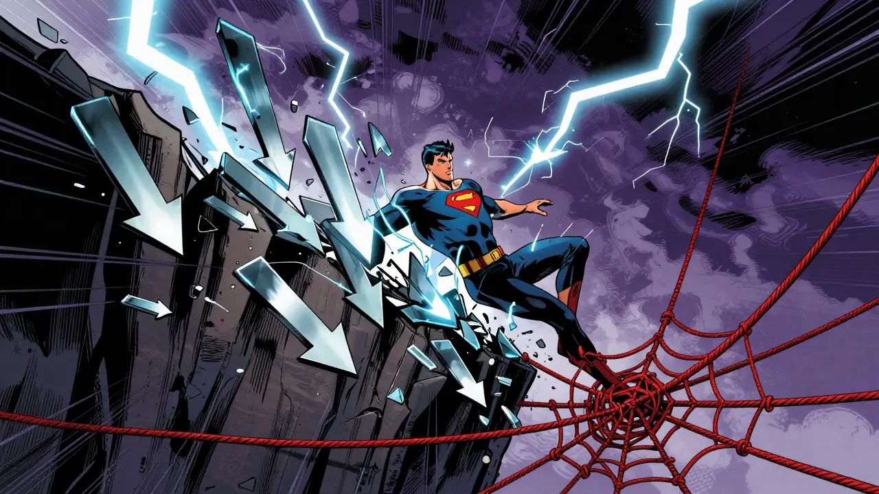 Hero sliding down a jagged cliff with red ropes in a stormy comic scene