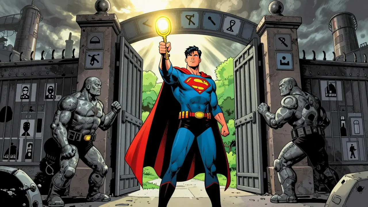 Hero unlocking a regulatory gate with a golden residential IP key, escaping a dark industrial zone.
