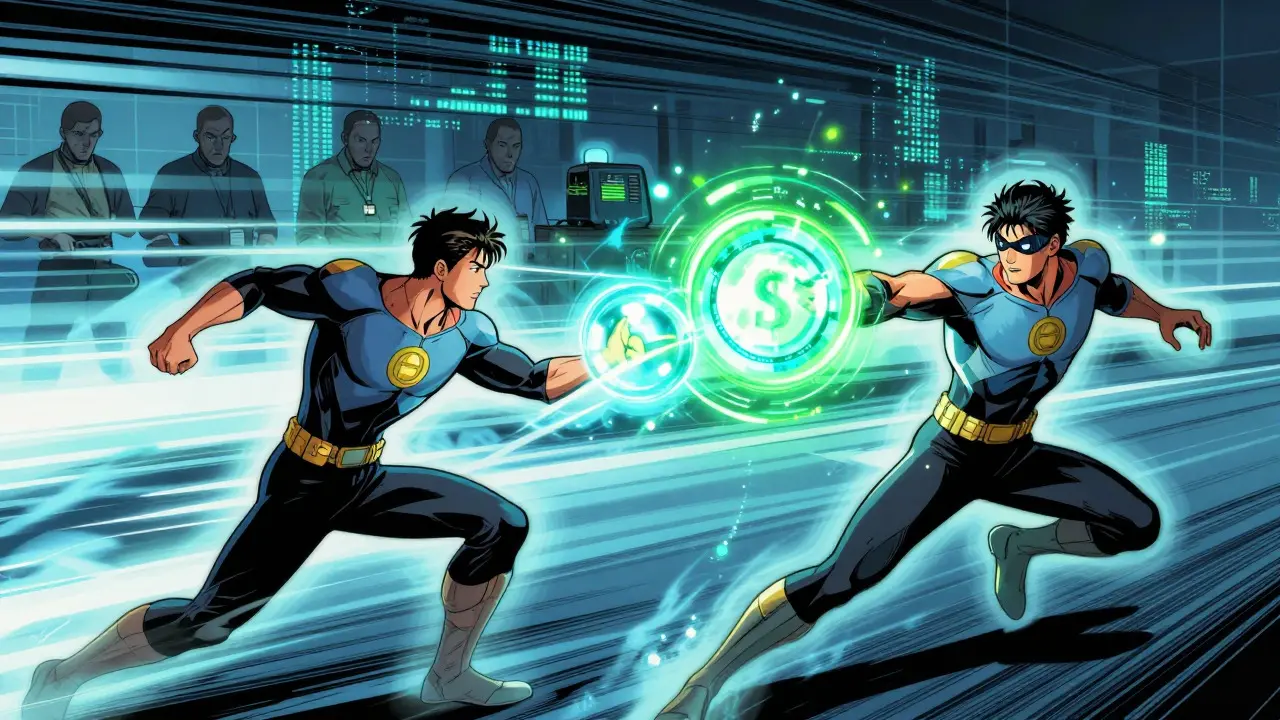 Heroes exchanging glowing energy orbs rapidly against a blurred background.