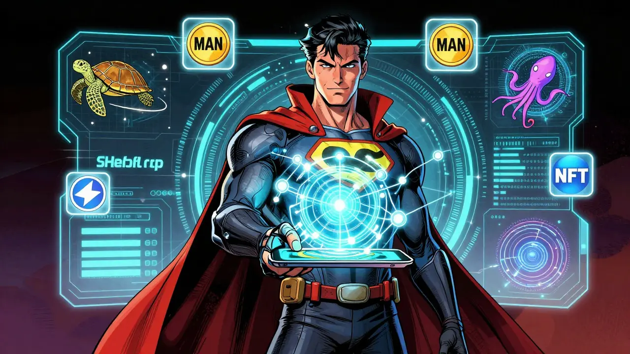 Heroic figure interacting with a holographic AI interface displaying MAN tokens and marine NFTs