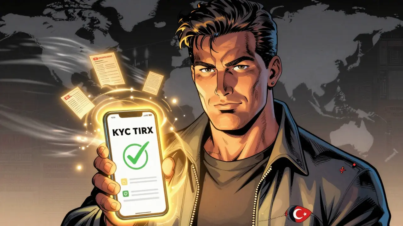 Heroic trader holding secure phone with golden aura in comic art