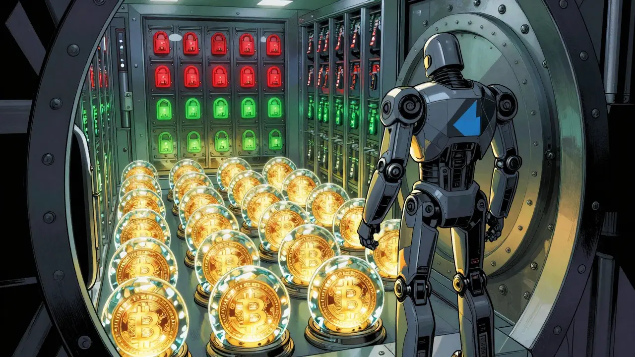Illustration of a secure vault with segregated digital assets and robot guards