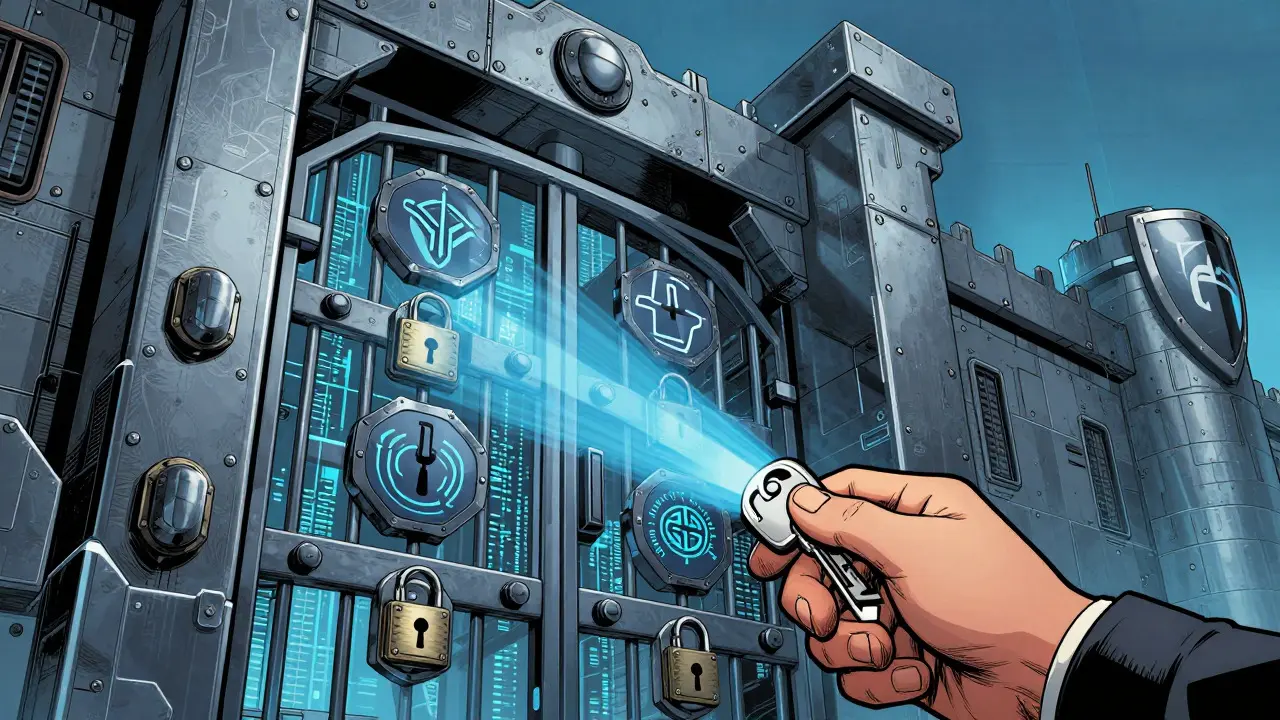 Illustration of high-tech security gates and encryption protecting digital funds