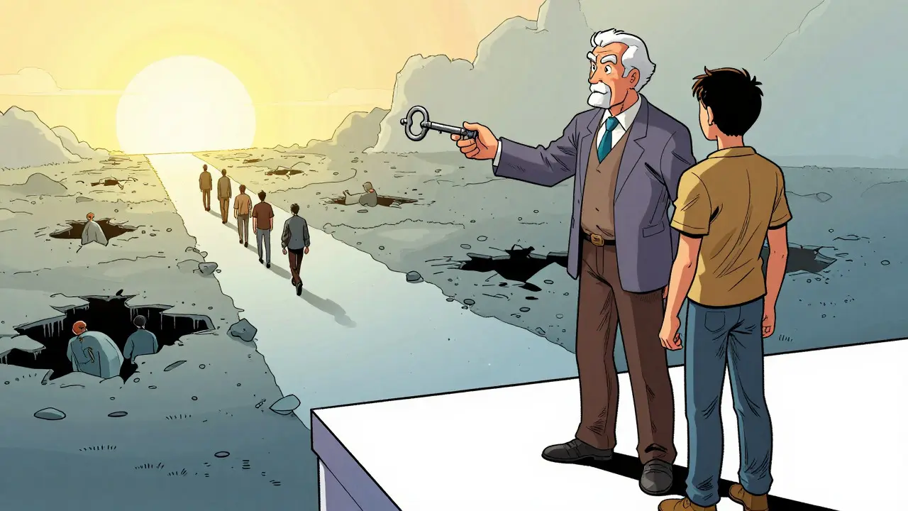 Mentor handing a vault key to a hero on a safe platform