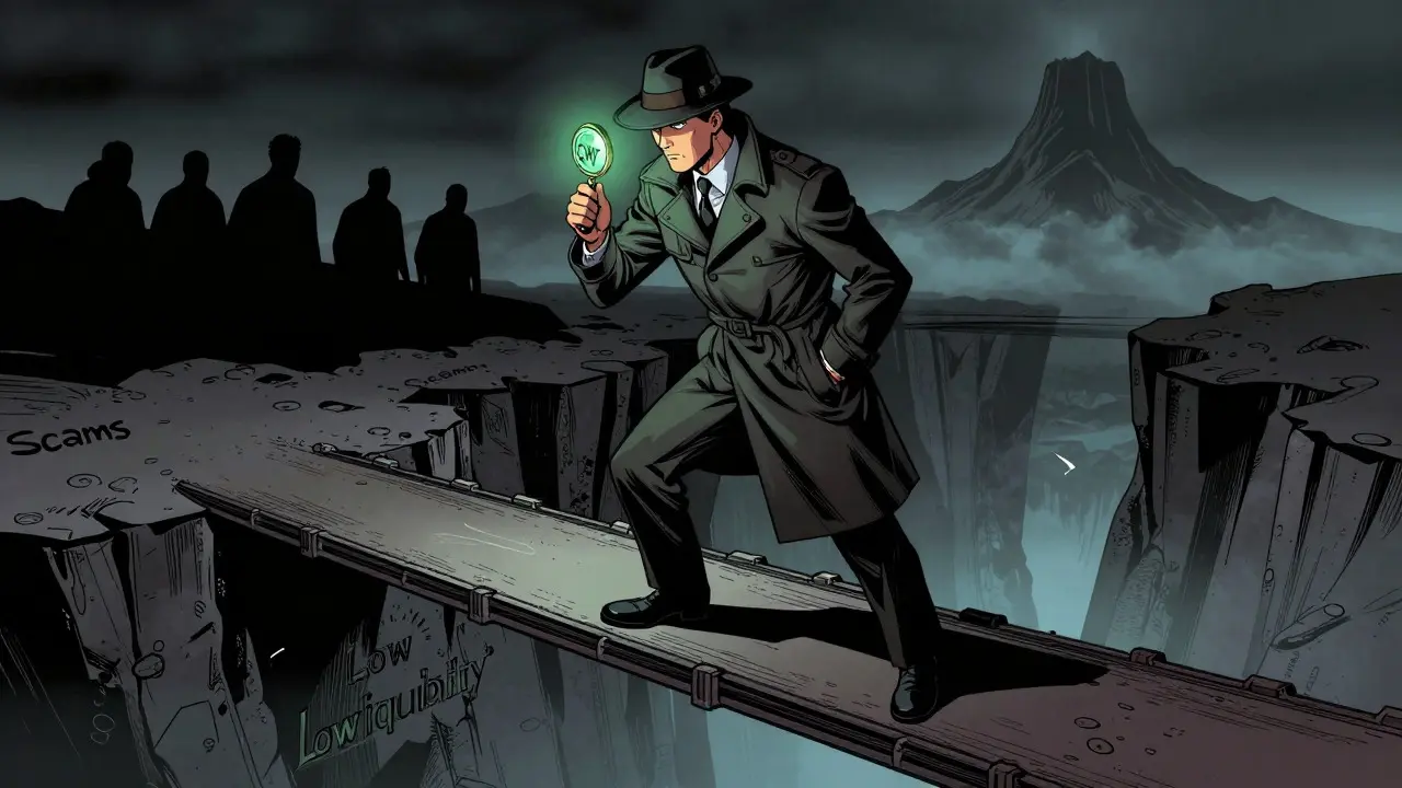Noir comic style investor cautiously inspecting a CWT token on a risky bridge