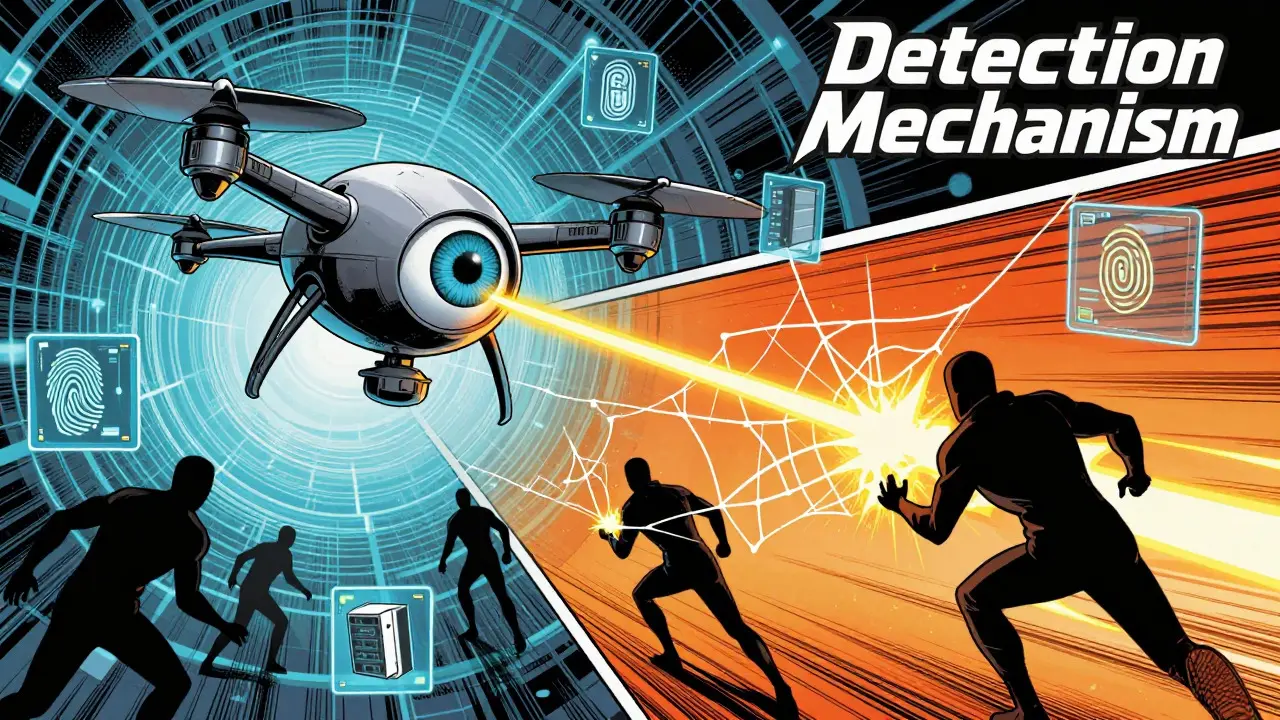 Security drones capturing anonymous users with energy nets in a fast-paced digital cyber-tunnel.