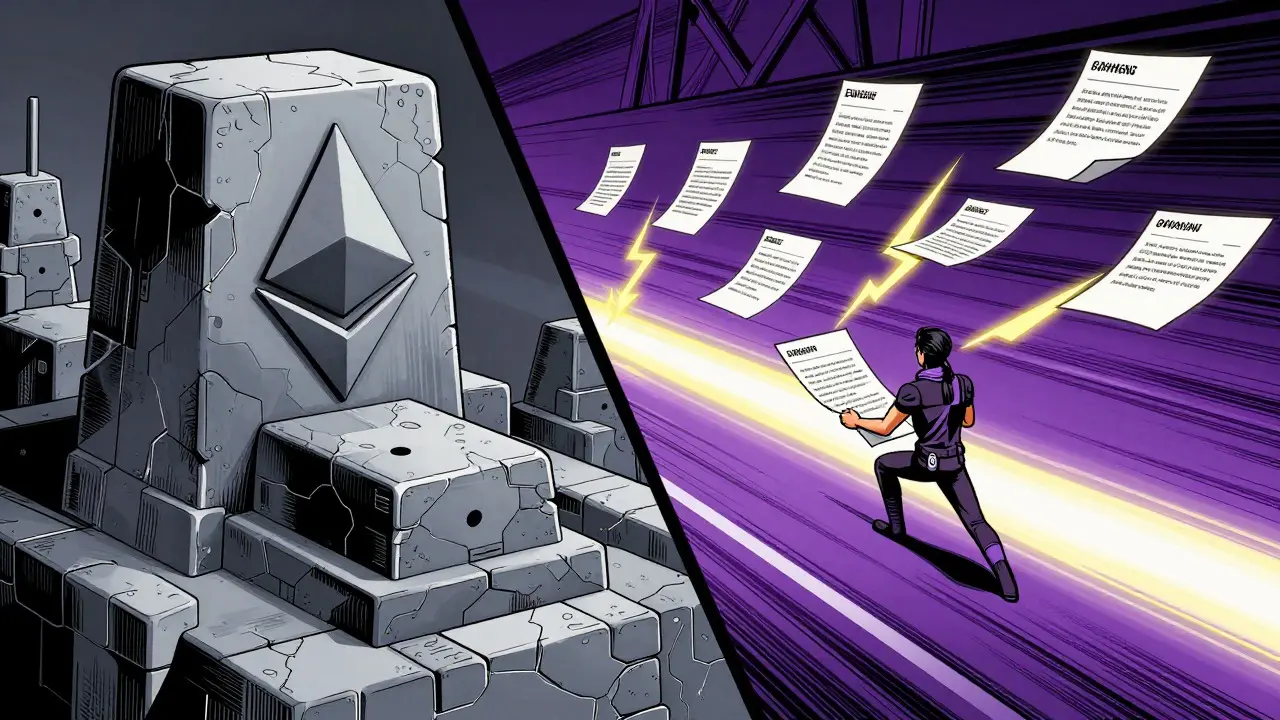 Split view of Ethereum and Polygon chains in comic book art