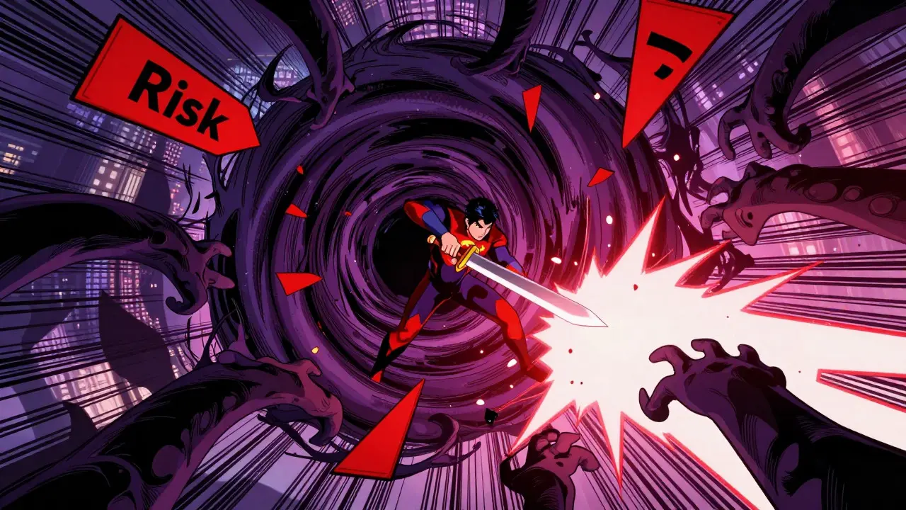 Superhero battling shadowy tentacles and red warning shards