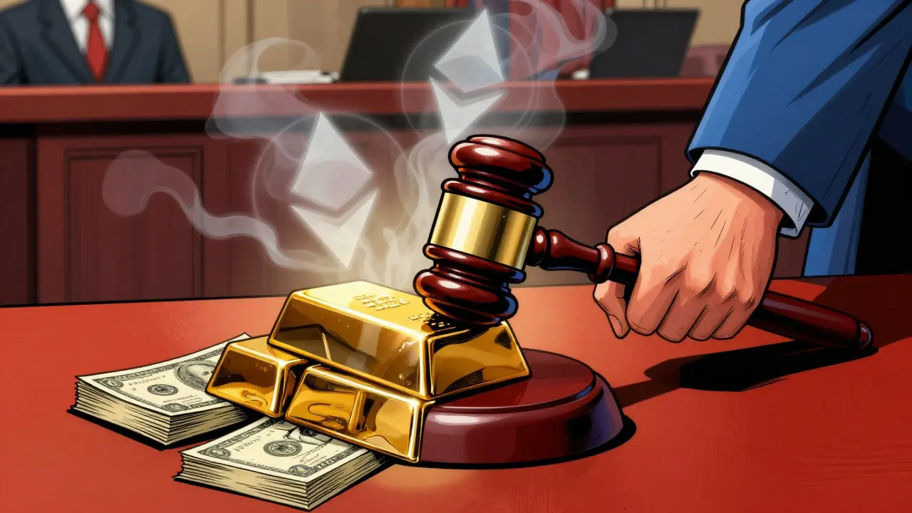 Superhero comic art of a gavel striking gold bars as crypto symbols fade into smoke