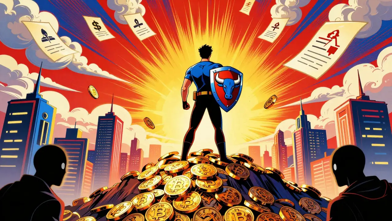 Superhero comic art of a hero guarding crypto assets from scams