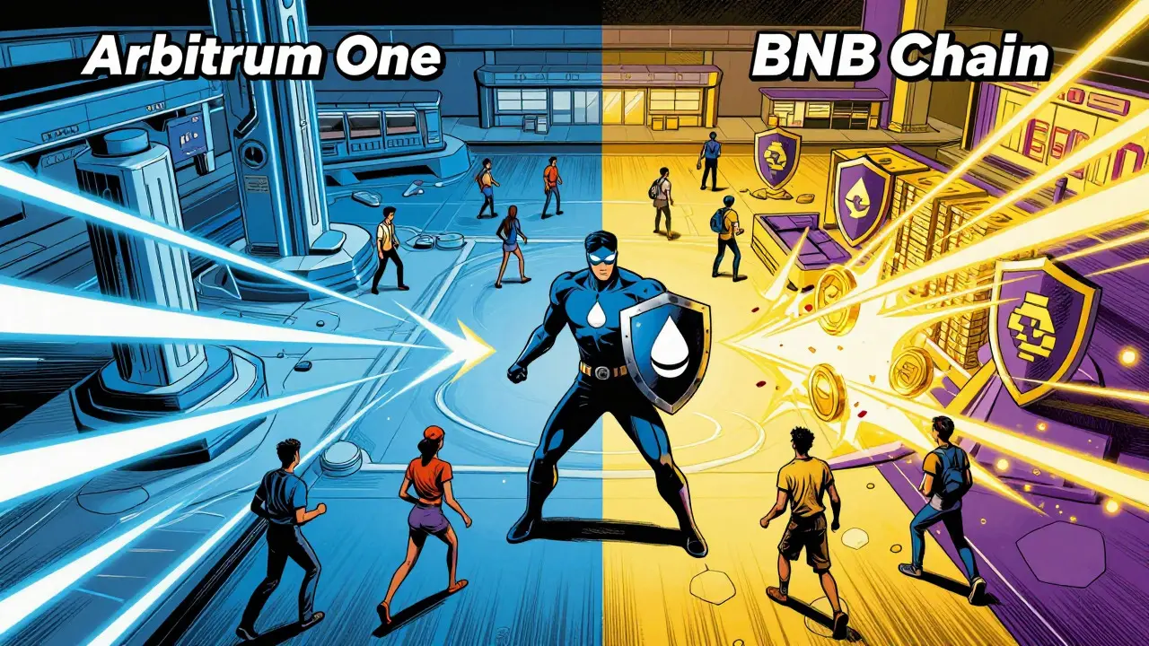 Superhero comic scene of a guardian bridging two blockchain networks with loyalty brand backgrounds