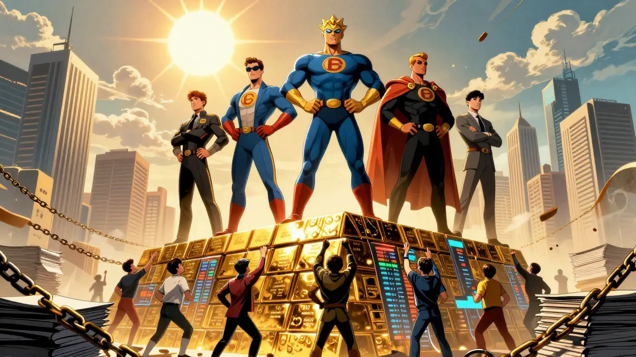Superhero comic showing large banks dominating the market over smaller firms