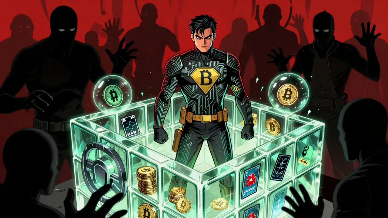 Superhero guarding a crypto vault while fending off shadowy scam figures in comic style