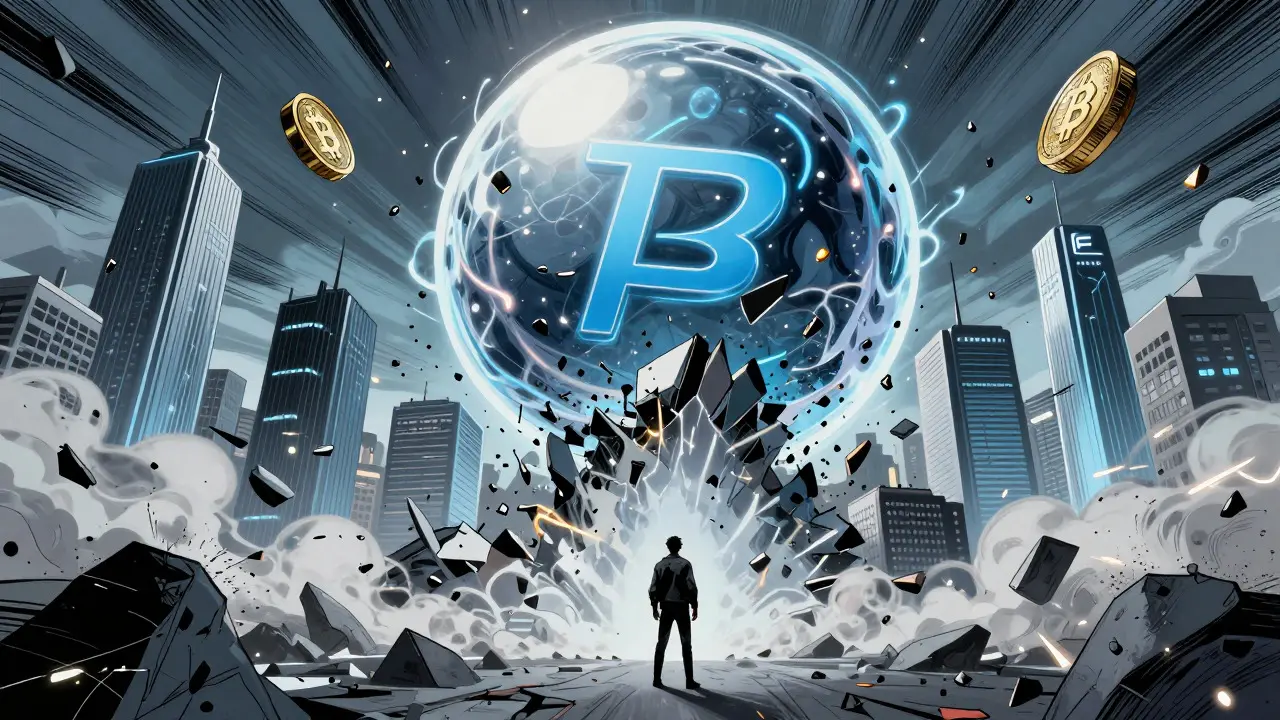 Superhero style burst of crypto bubble destroying weak tokens
