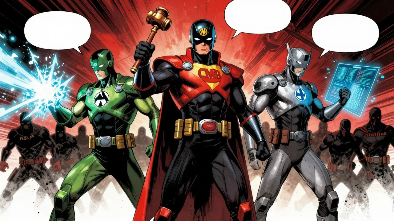 Three superhero regulators blocking villains in comic book style