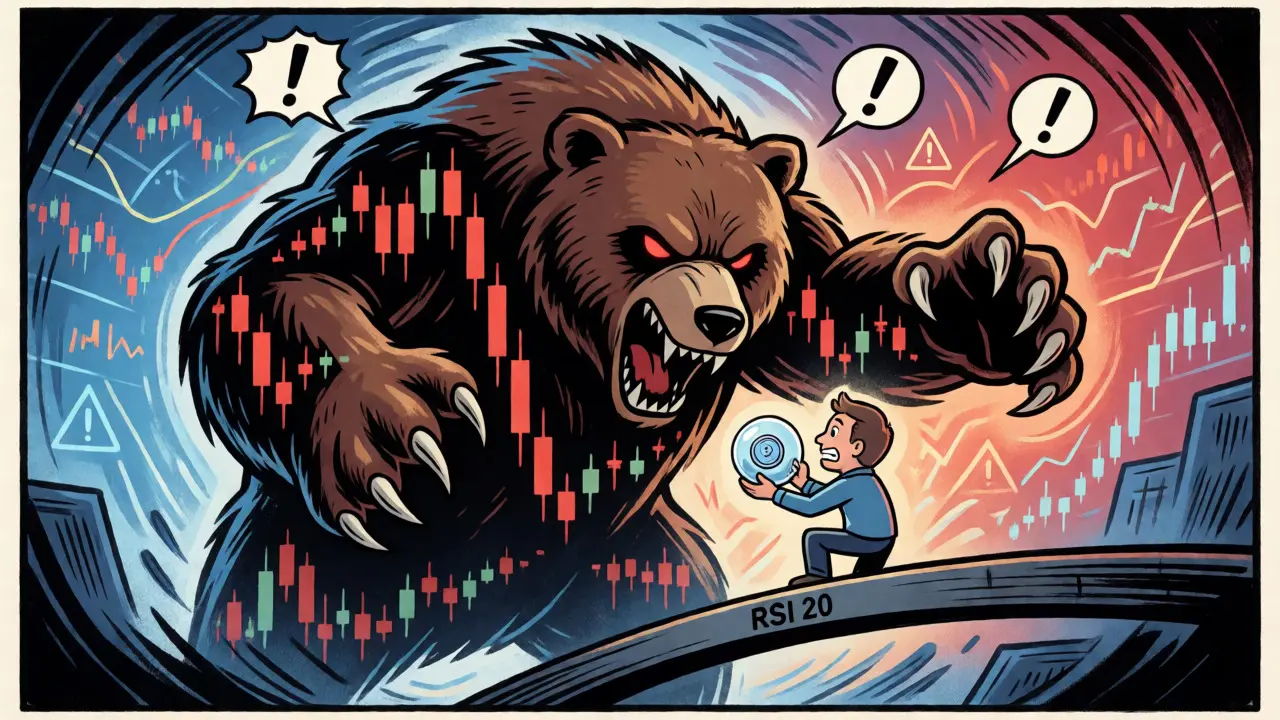 Trader facing a chart-bear monster while holding a fragile token
