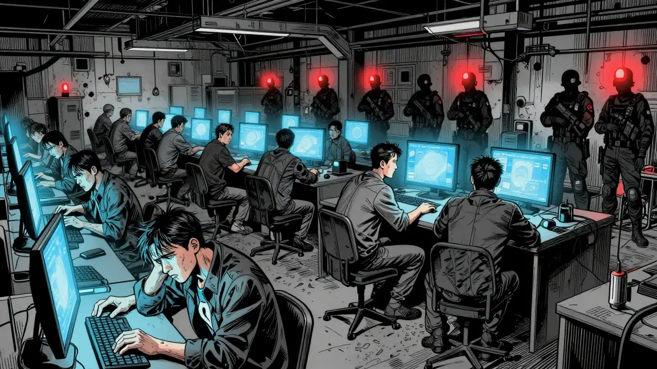 Trapped workers guarded by soldiers in comic style