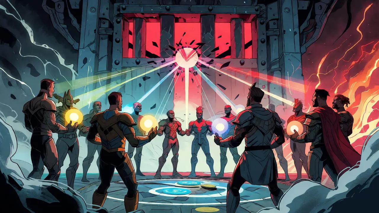 A council of heroes aggregating data orbs to protect a DeFi protocol via a circuit breaker.
