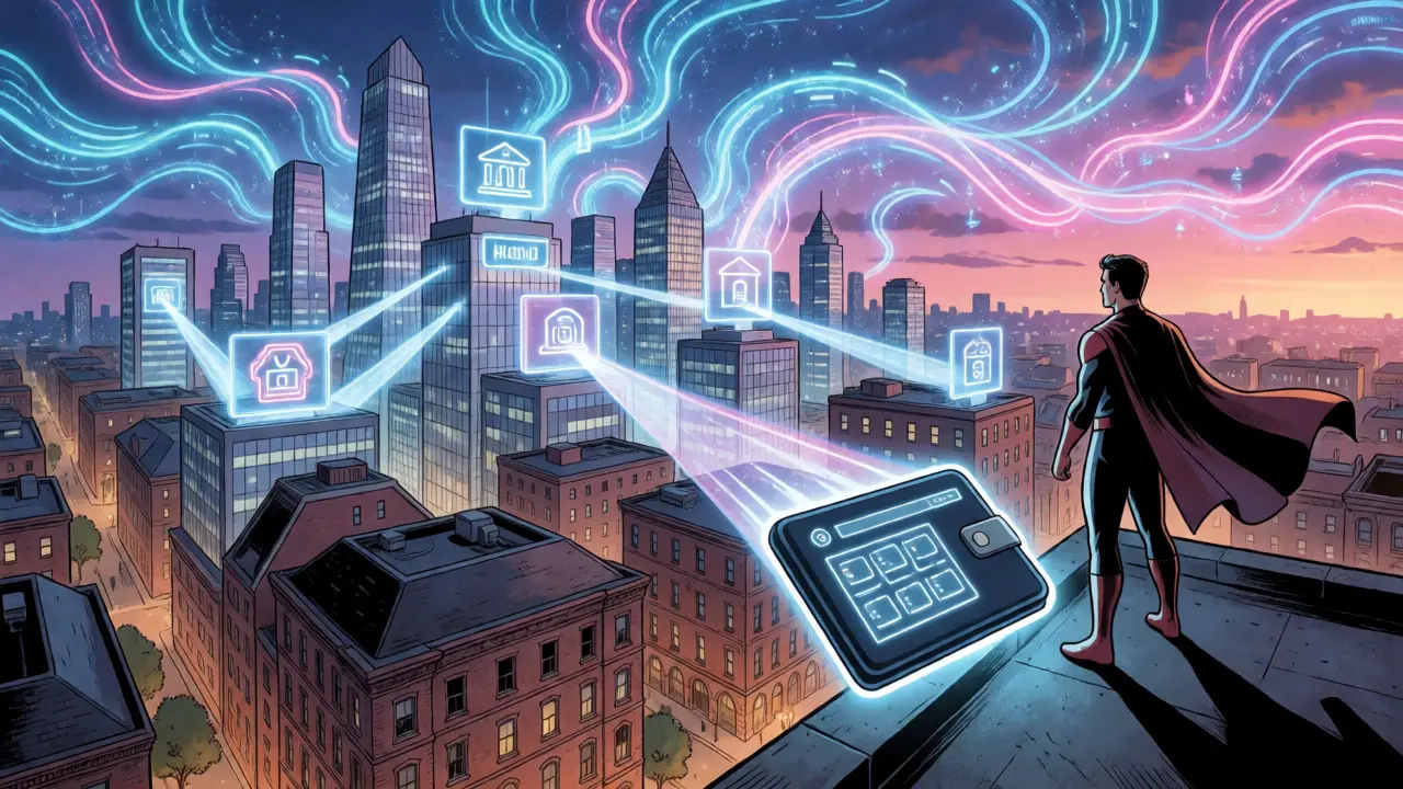 A futuristic city connected by neon data streams from a floating digital wallet interface.