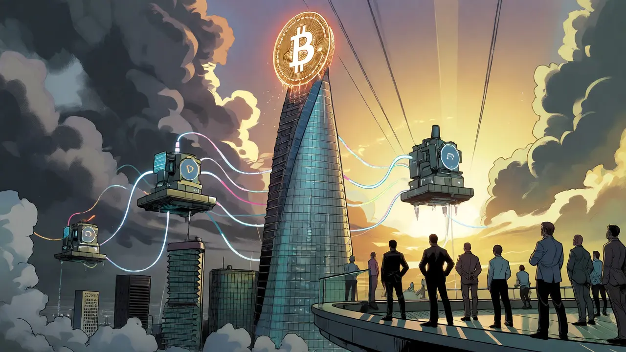 A futuristic city with a Bitcoin-topped skyscraper and investors watching a sunrise over tech hubs.
