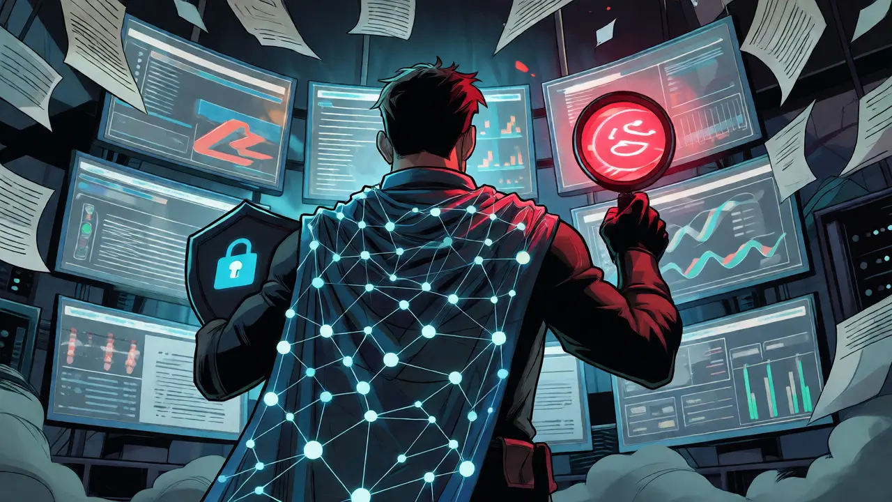 A guardian scanning digital transactions with a glowing magnifying glass.