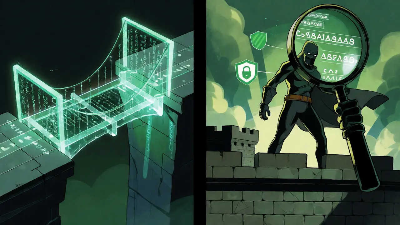 A split-panel comic showing a digital bridge for assets and a guardian verifying smart contract addresses for security.