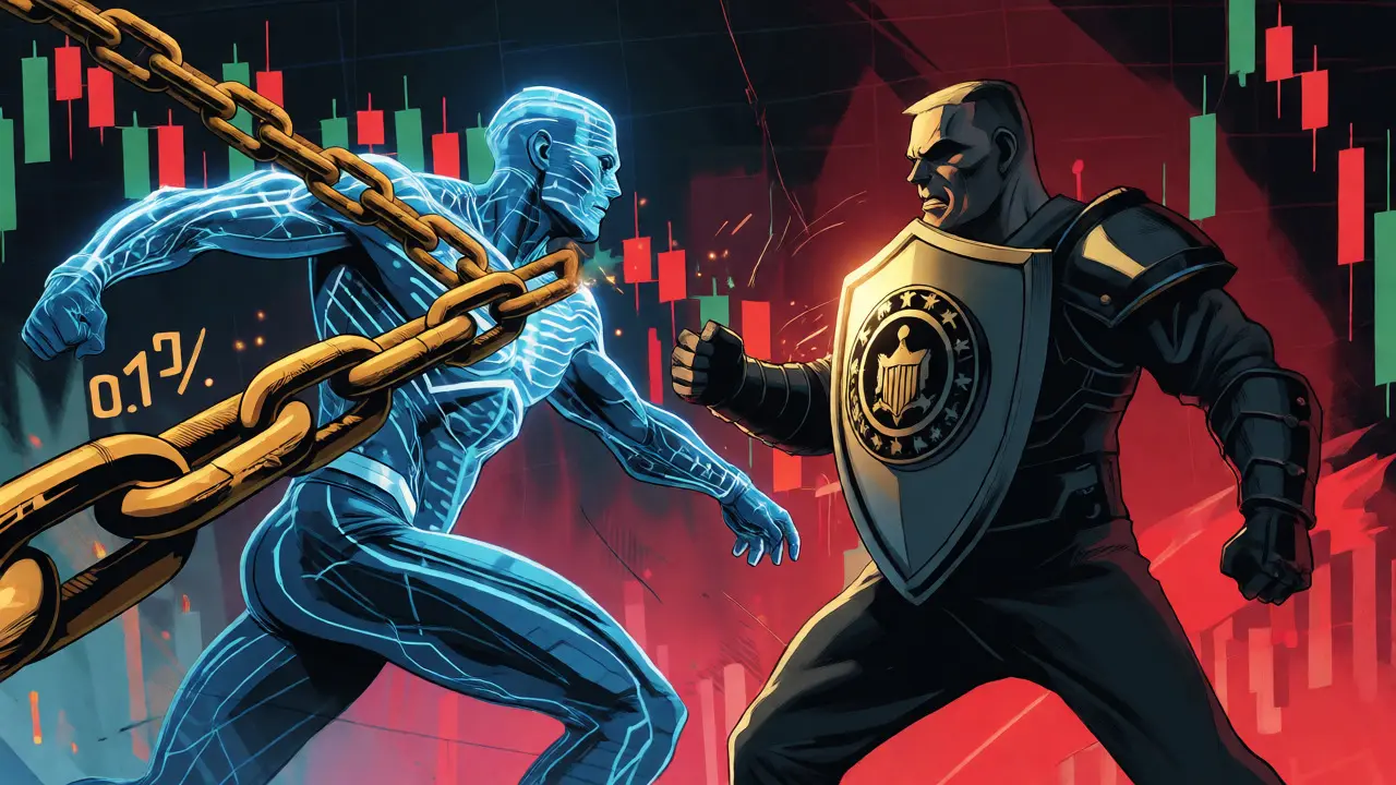 A superhero made of data struggling against heavy golden chains while facing a bureaucratic figure.