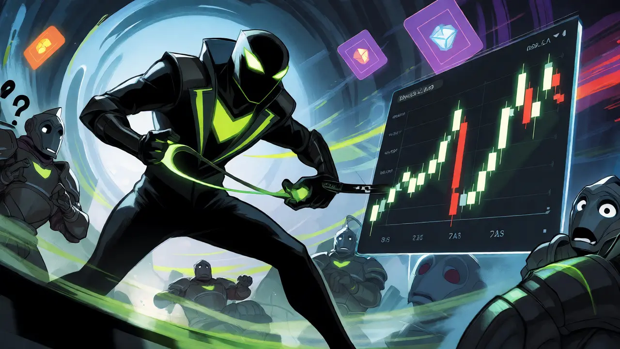 A villain manipulating price graphs on a decentralized exchange during a flash loan attack.