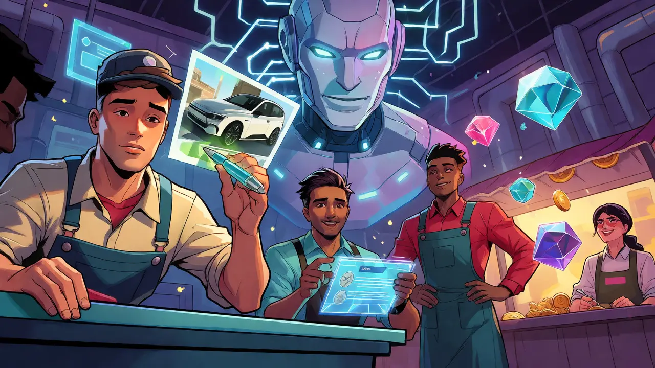Annotators creating valuable data NFTs for an AI robot in a futuristic comic-style workshop.