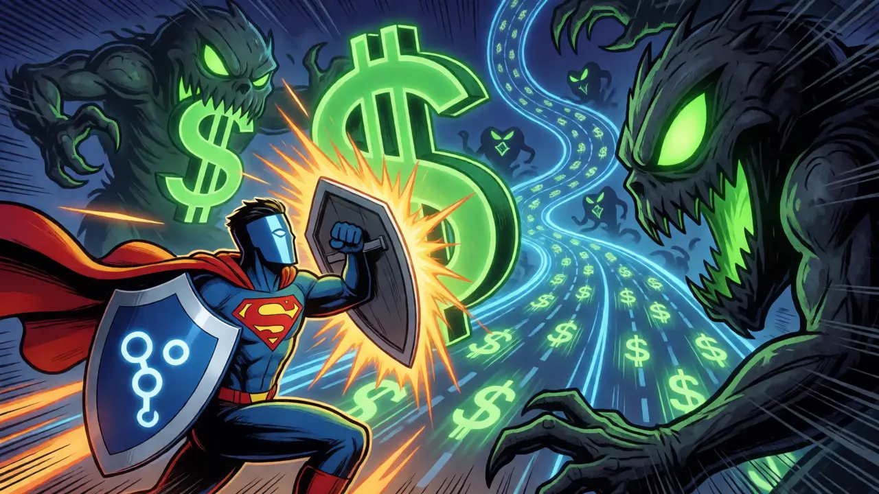 Avatar fighting gas fee monsters while using Layer-2 solutions for faster transactions.