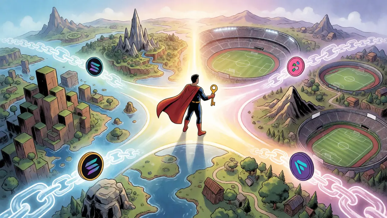 Avatar standing at a crossroads connecting various blockchain metaverse platforms.