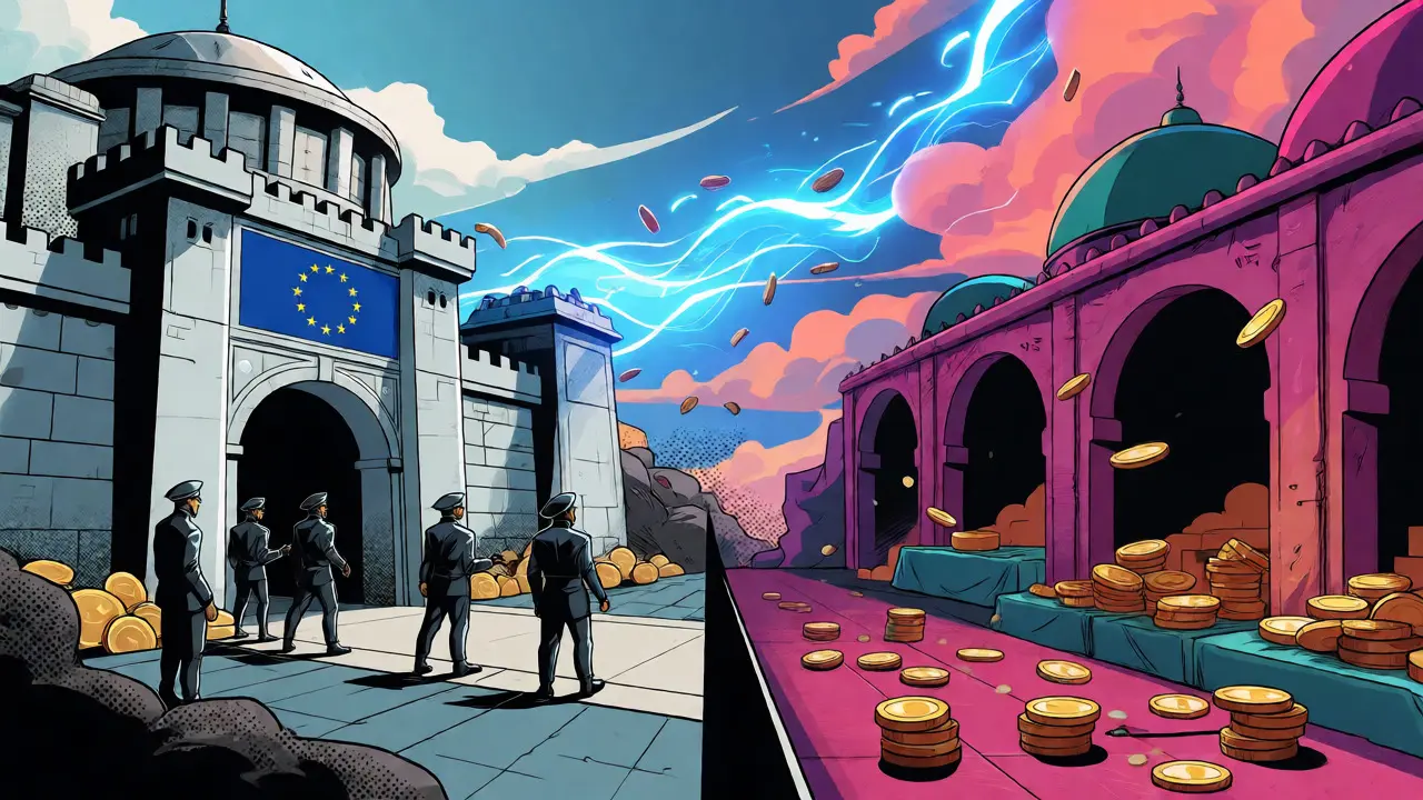 Comic book illustration of capital migrating from strict regulatory zones to open markets.