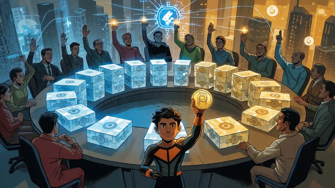 Community members voting around a blockchain table to govern the Pundi AI ecosystem.