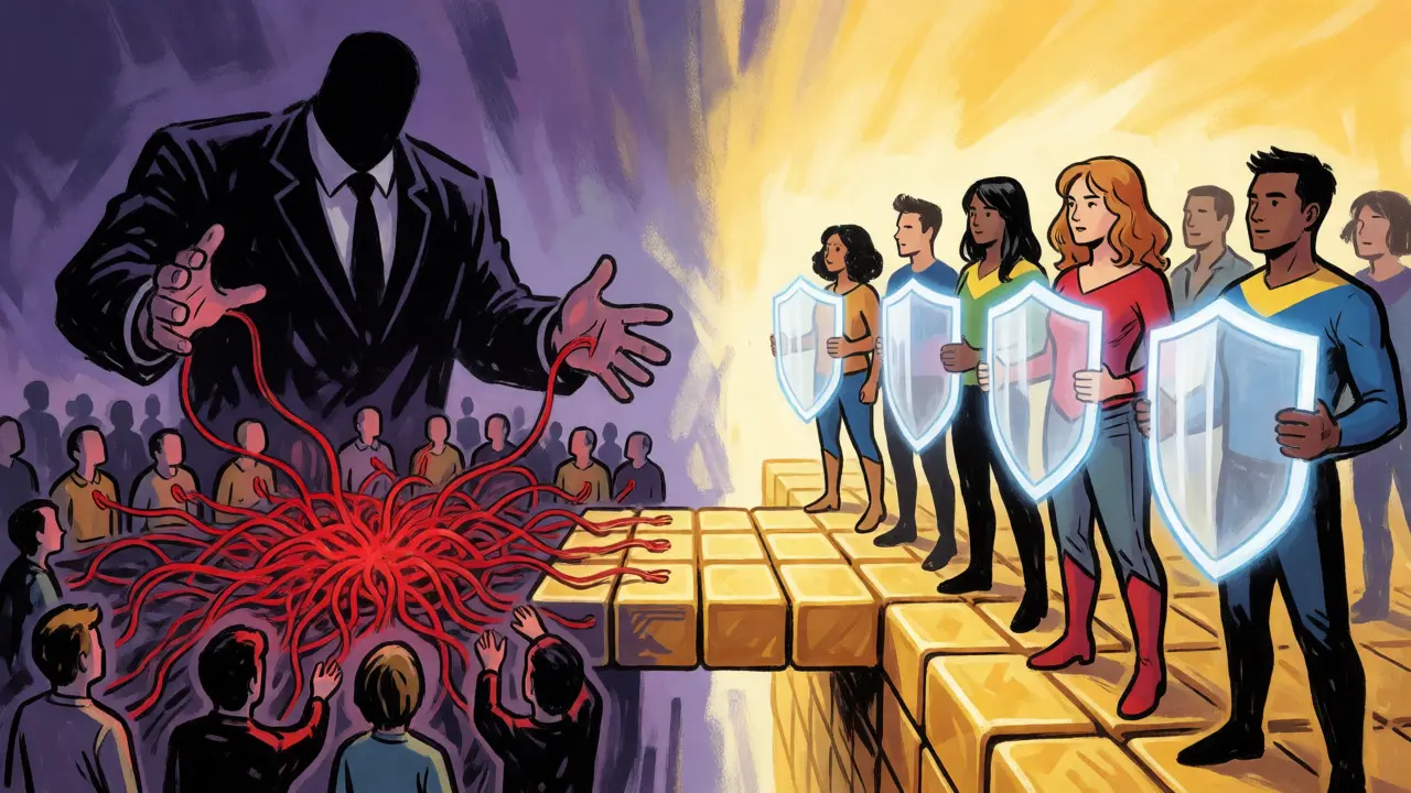 Corporate giants versus empowered users holding credential shields in a split-screen comic panel.
