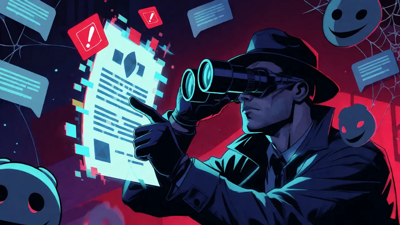 Detective inspecting a glitching smart contract with high-tech tools.