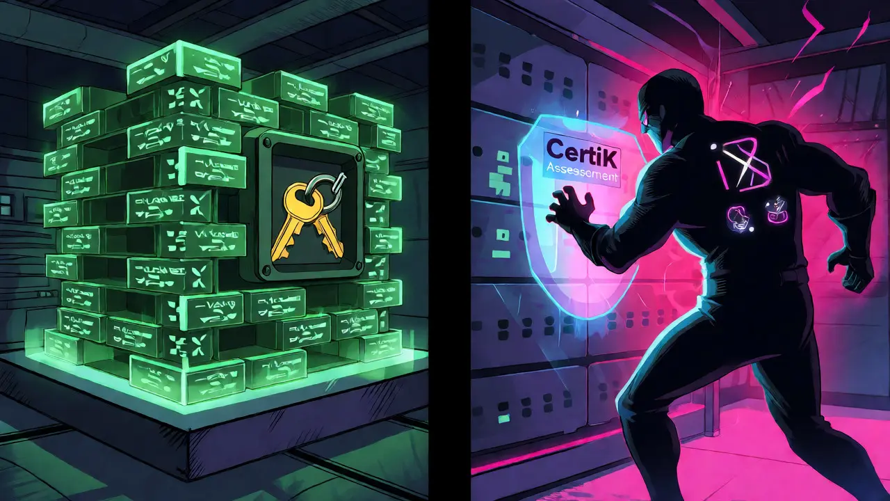 Digital fortress protecting crypto assets from shadowy risks in comic style