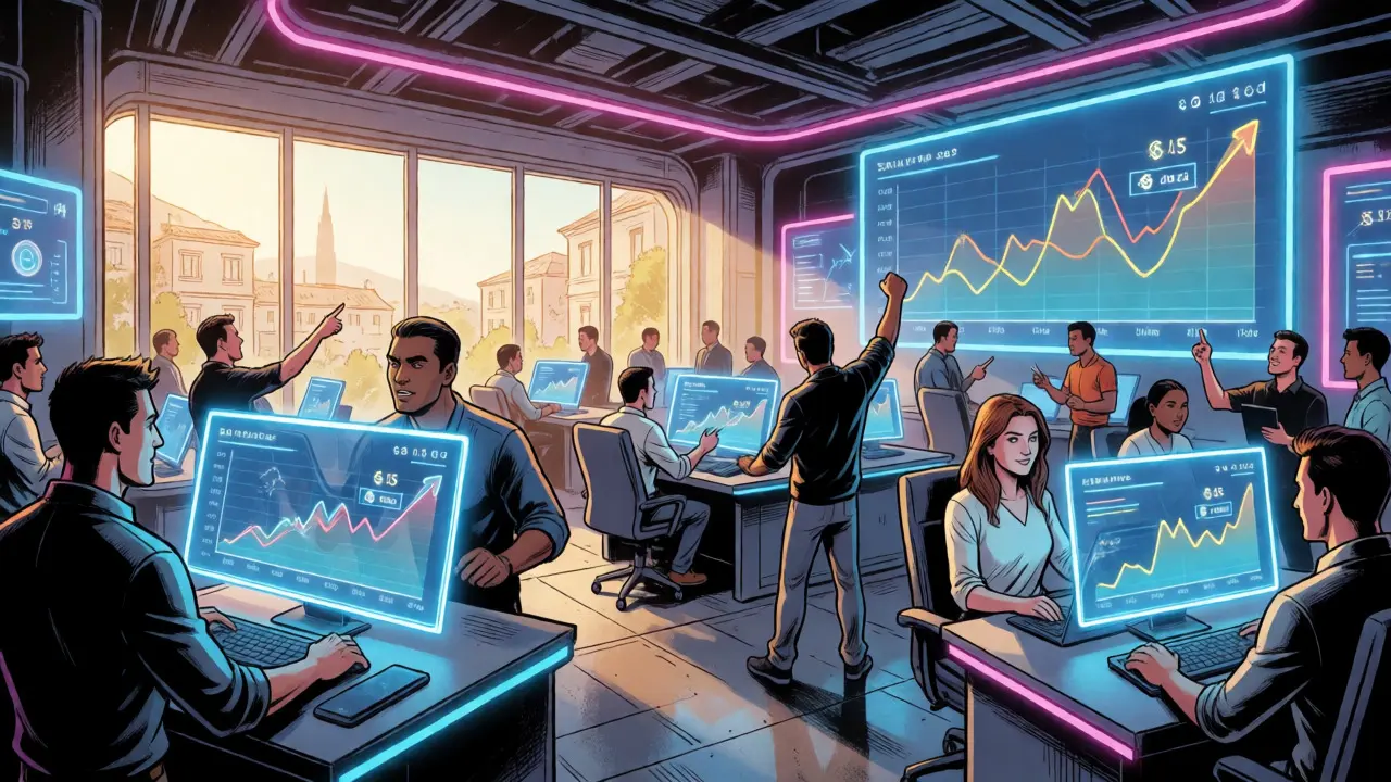 Dynamic team managing crypto transactions in a high-tech exchange office with holographic displays.