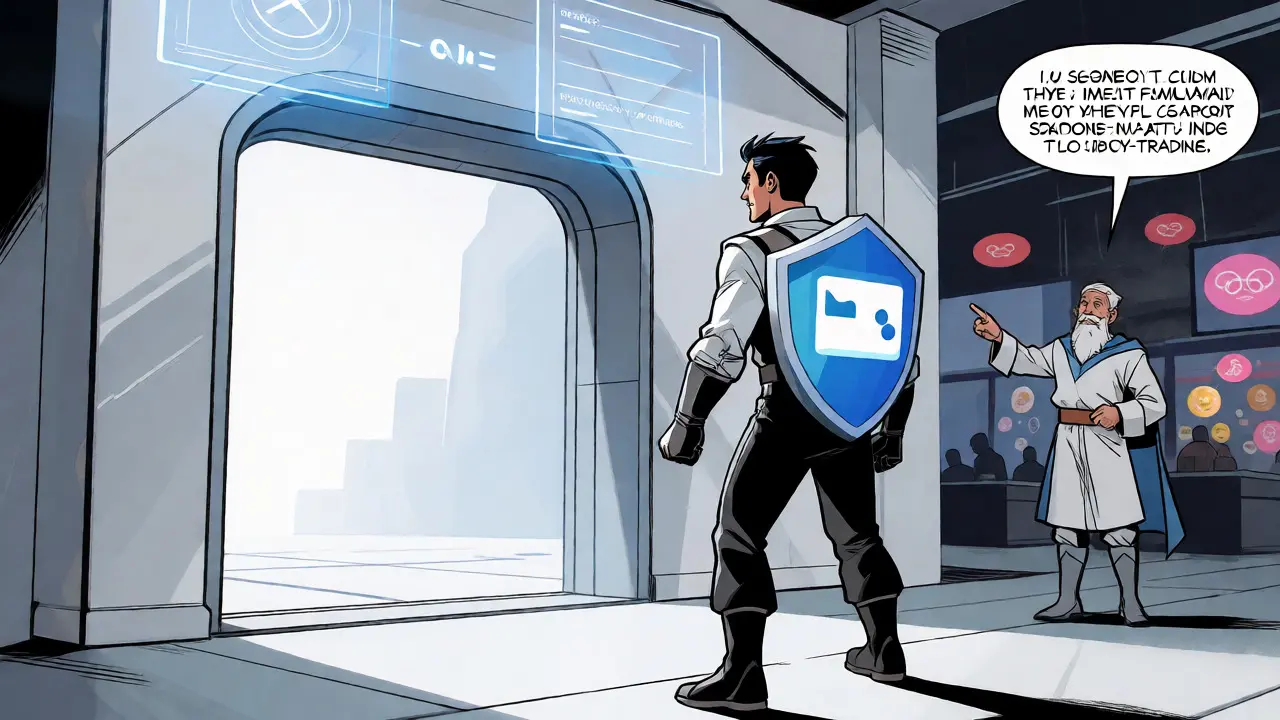 Explorer with Keplr shield at a clean, minimalist DEX portal gate.