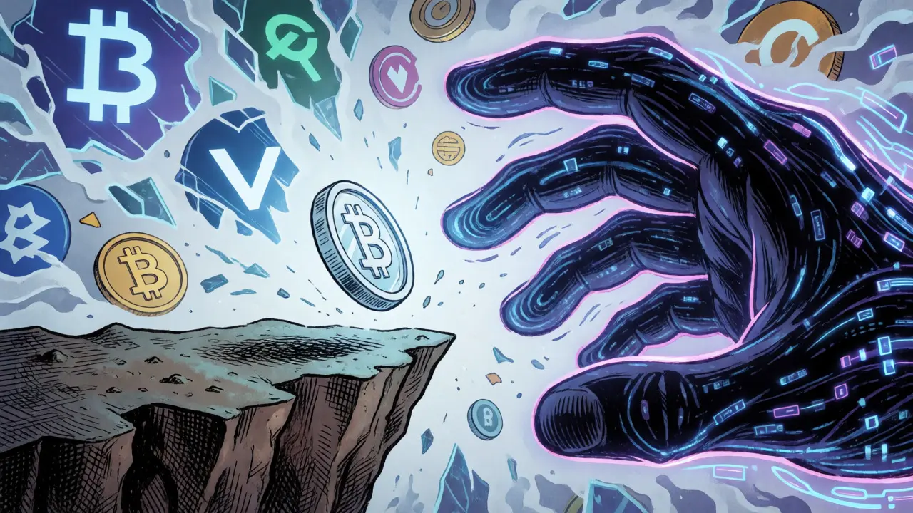 Fragile glass coin balancing on a cliff edge amidst digital chaos, illustrating liquidity risk.