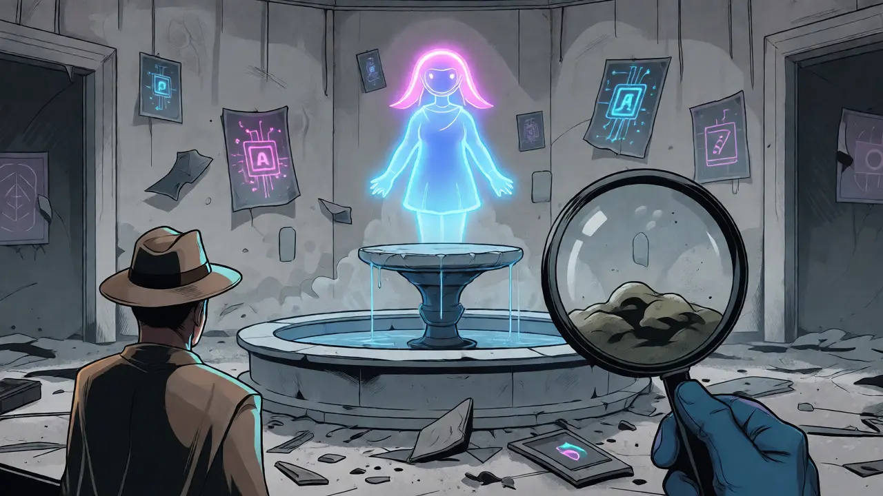 Ghostly token hovering over a dry liquidity pool in a desolate digital town.