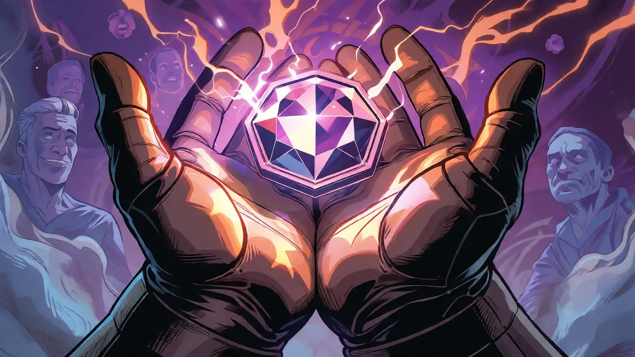 Glowing MCB token gemstone held by gauntlets amidst volatile energy