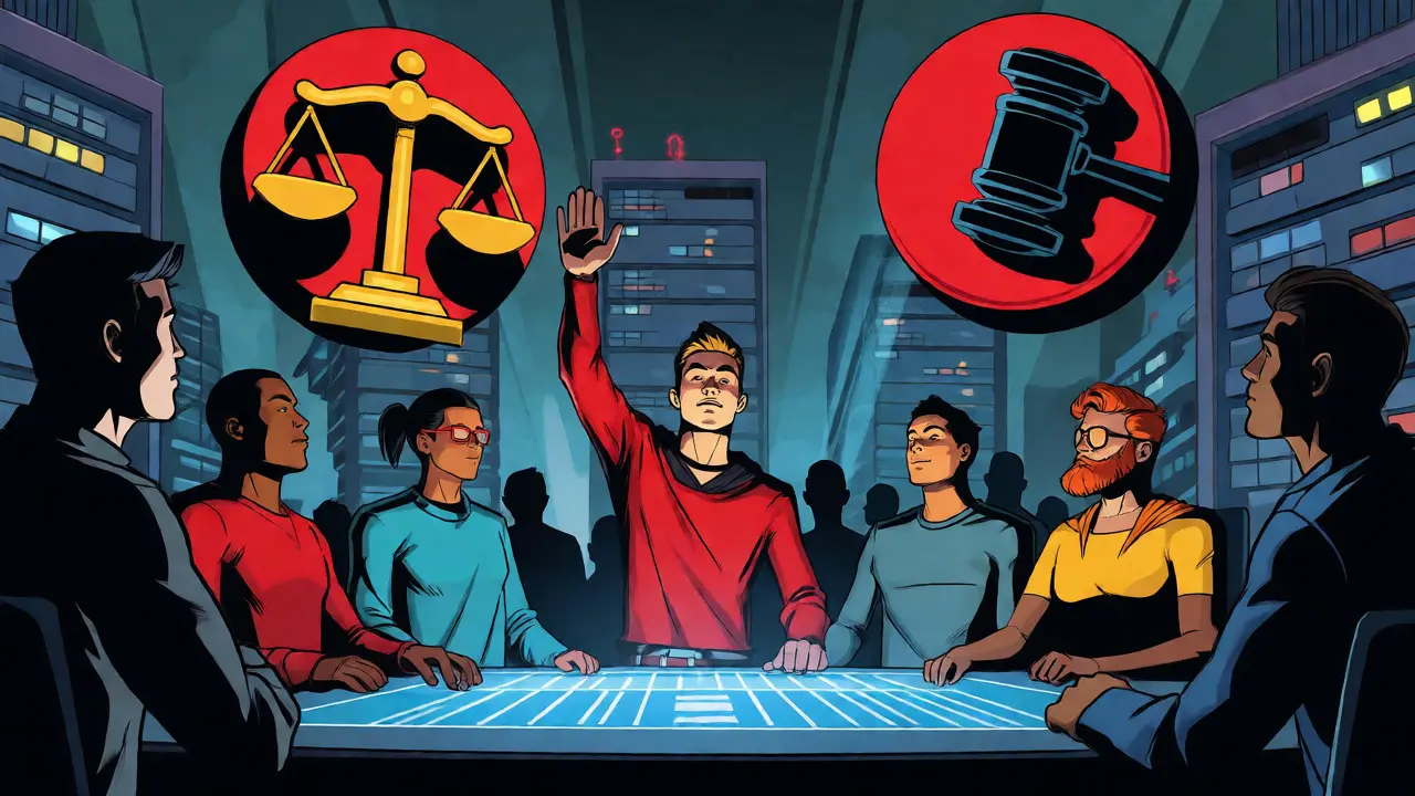 Group of avatars gathering for a democratic vote in a futuristic setting