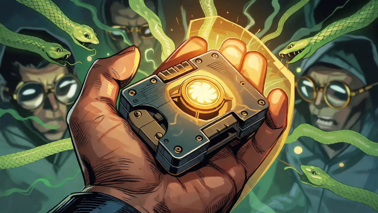 Hand holding hardware wallet emitting a protective golden shield.