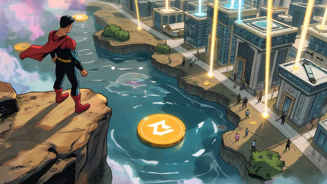 Hero overlooking stagnant meme token pool versus active DEX ecosystem