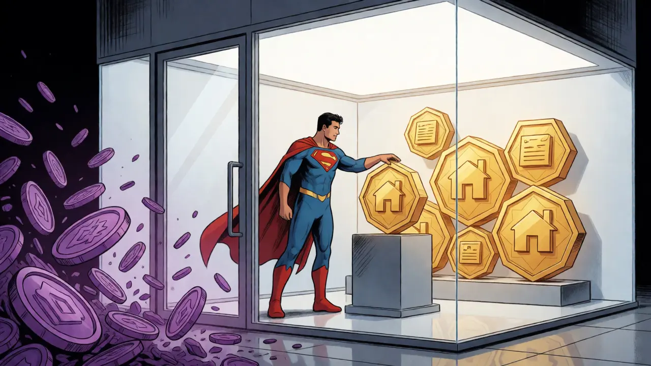 Hero placing asset-backed tokens inside a protected financial sanctuary.